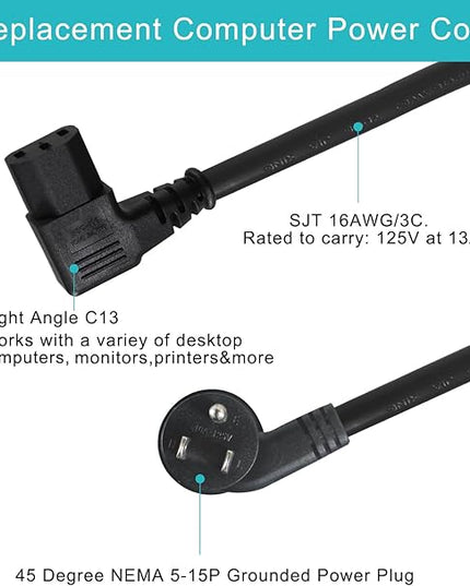 1FT 90 Degree Replacement Computer Monitor Power Cord - Low Profile Flat Plug NEMA 5-15P to Right Angle C13 Power Cord, 13A 125V, 16AWG, Black Replacement Angled Printer/TV/PC 3 Prong AC Power Cord