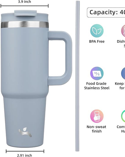 40 oz Tumbler with Handle and 2 Straws,2 in 1 Lid Insulated Water Bottle Stainless Steel Travel Coffee Mug,Lavender