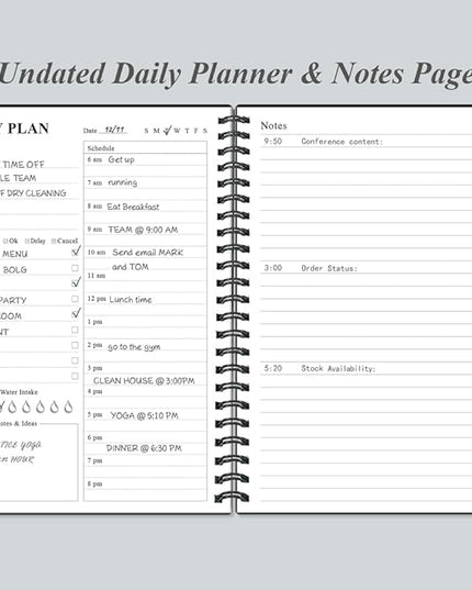 Daily Planner Undated - A5 To Do List Notebook Hourly Schedules, Spiral Appointment Planner for Women and Men, PVC Hardcover, Inner Pocket, Elastic Closure, 5.8" x 8.3", Black