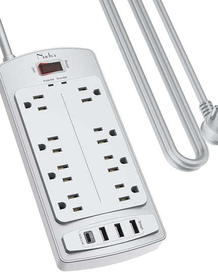 Surge Protector Power Strip - Nuetsa Flat Plug Extension Cord with 8 Outlets and 4 USB Ports, 10 Feet Power Cord (1625W/13A), 2700 Joules, ETL Listed, Grey