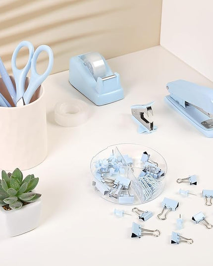 SKYDUE Blue Office Desk Accessories, Blue Office Supplies, Stapler, Tape Dispenser, Scissors, Clips and 1000pcs Staples,Desk Supplies for Women