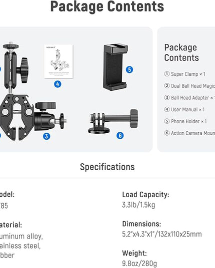 NEEWER Super Clamp with 3" Dual Ballhead Magic Arm, Ball Head Adapter, Cold Shoe, Phone Holder, Action Camera Clamp Mount for Flat/Round Surface Compatible with GoPro DJI iPhone 15 Pro Max, ST85