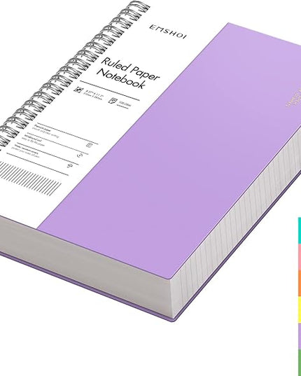 EMSHOI A4 Spiral Notebook College Ruled Lined Journal, 11.2" x 8.27", 300 Pages, 100gsm Thick Paper, Waterproof Softcover, Twin-Wire Binding, Sticky Notes, Purple