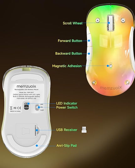 memzuoix 2.4G LED Wireless Mouse, Rechargeable Ergonomic Mouse with Detachable Cover, 1400 DPI Portable Optical Computer Mouse with USB Receiver for Laptop, PC, Desktop and MacBook, 5 Buttons-Yellow