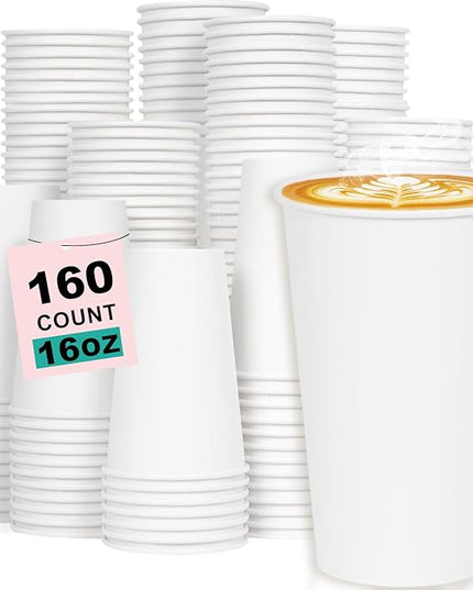 Coolcap 16 oz 160 Pack Disposable Coffee Cups, Bulk White Disposable Paper Cups, Coffee Cups for Hot Tea, Chocolate and Cold Drinks