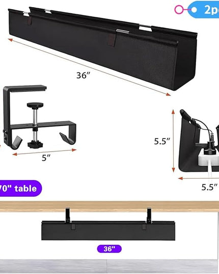 No Drill Under Desk Cable Management Tray, 36" Cord Organizer for Table, Clamp/Screw Mount Desk Cable Management, Premium Fabric Cable Management Tray for Office, Home（Black/2set）