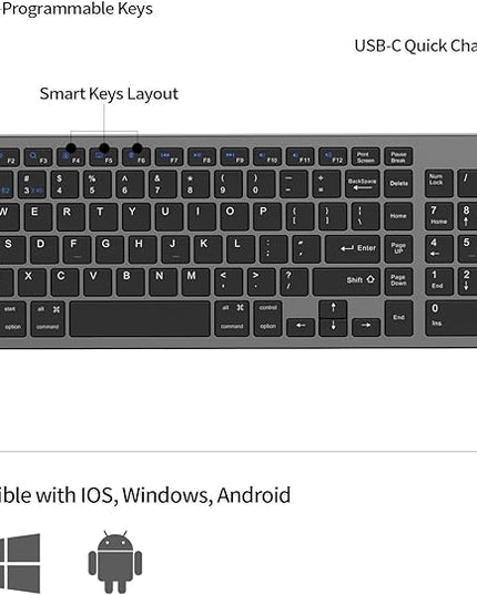 JKSML Wireless Keyboard with 102 Keys, Bluetooth and 2.4 GHz Wireless, Low Profile, Number Pad, Fluid Quiet Typing, 12 Programmable Keys, USB C Rechargeable, for Phone, Tablet, PC, Laptop, TV - Black