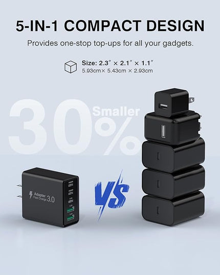 [2-Pack] USB C Wall Charger, 60W Type C Charger Block 5-Port Fast Charging Blocks,3USB C+2USB A Multiport Plug,PD Power Adapter Brick Cube for iPhone 17/16/15/14/13/Pro,iPad,Samsung,for Switch（Black）