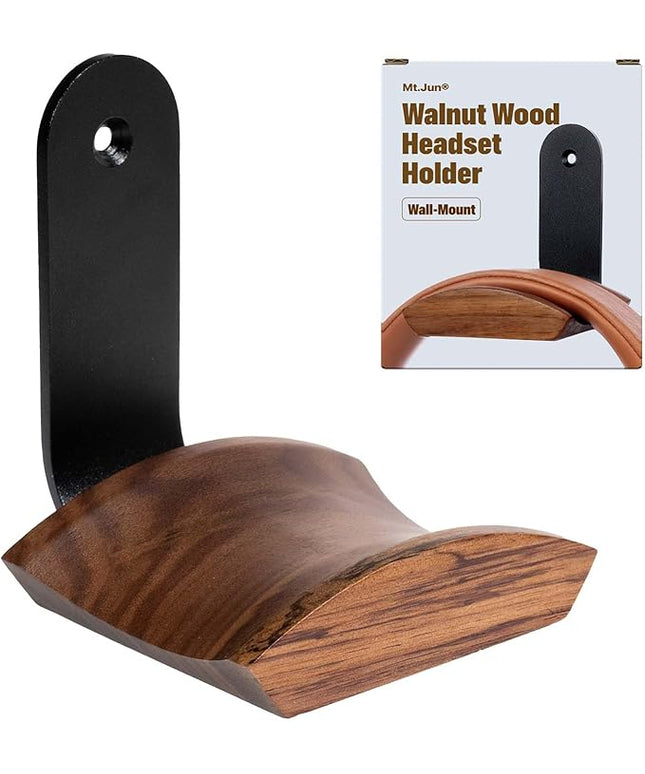 Walnut Wood Headphone Wall Mount Holder, with VHB Adhesive Tape and Screw, Holds 10 lbs (Black & Walnut Wood)