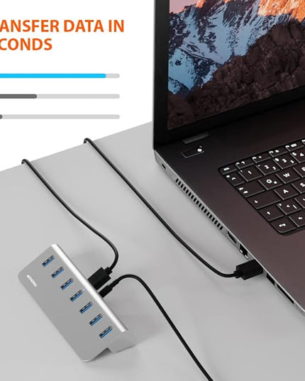 Achoro 7 Ports Powered USB HUB – 2nd Generation 10GB Super Speed External USB Port – USB 3.2 Aluminium USB Hub for Computer, Mac, PCs, Smartphone & Tablets – Computer Multiple USB Hub (POWERED SILVER)