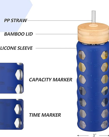 MUKOKO Glass Water Bottles, 24oz Glass Tumbler with Straw, Drinking Bottles with 2 Lids-Handle Spout Lid&Bamboo Straw Lid, Motivational Water Bottle with Time Marker and Silicone Sleeve, 1 Pack-Blue