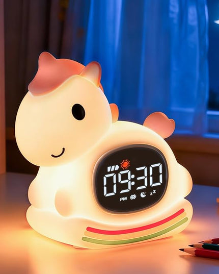Alarm Clock with Night Light for Kids with Sleep Training and Sound Machine, Rechargeable Silicone Lamp OK to Wake Clock，Cute Animal Tabletop Lamp, Perfect Sleep Companion for Boys Girls,Pink Pony