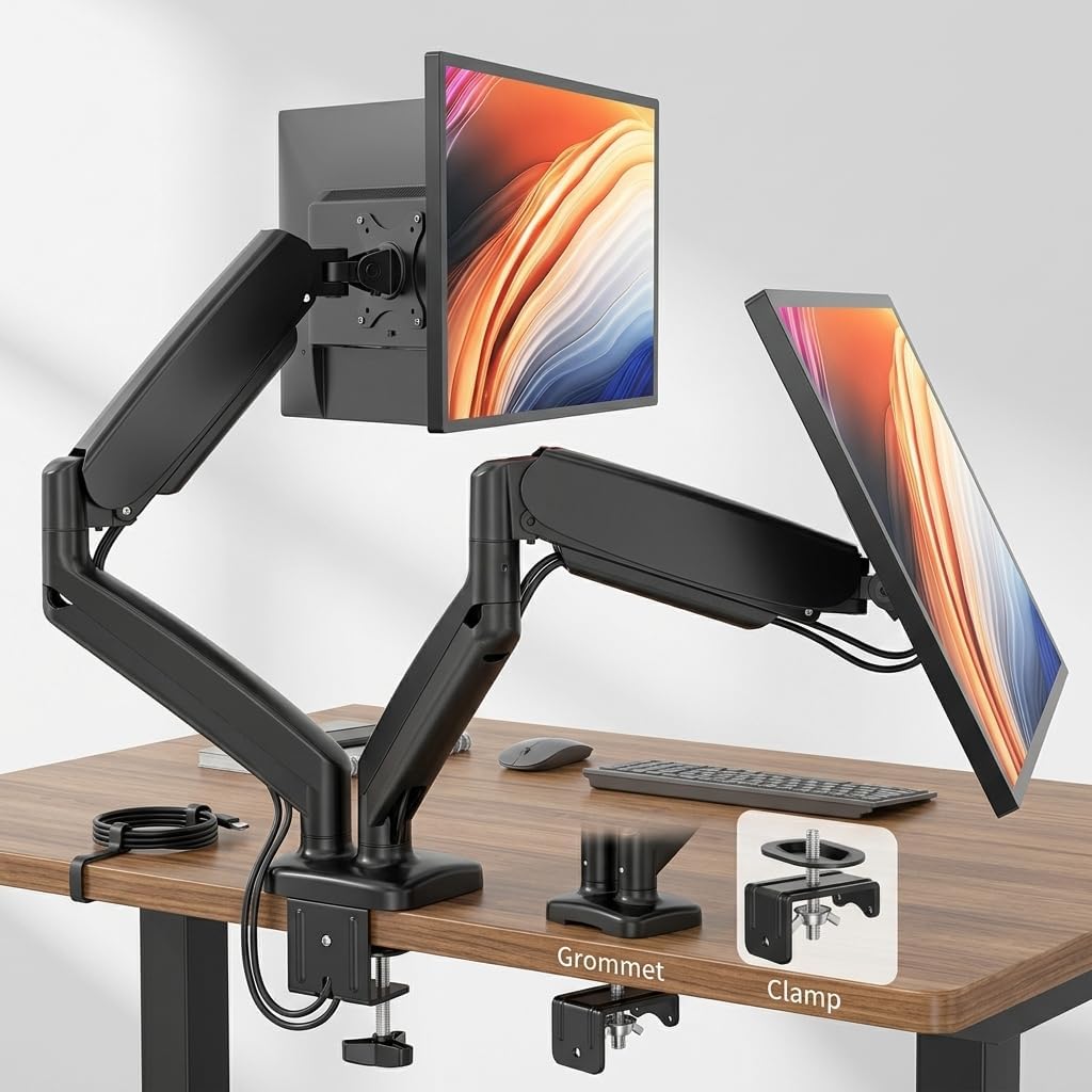 Bellogoo Dual Monitor Mount, Gas Spring Monitor Arm for 2 Monitors up to 32 Inches, Fully Adjustable VESA Desk Mount with C-Clamp and Grommet Base, Black
