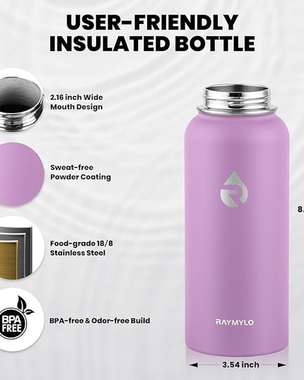 Insulated Water Bottle 32 oz, Triple Wall Vacuum Stainless Steel (Cold for 48 Hrs), Leak Proof & Non-BPA, Modern Water Flask Jug with Paracord Handle & Straw Spout Lids, Lilac