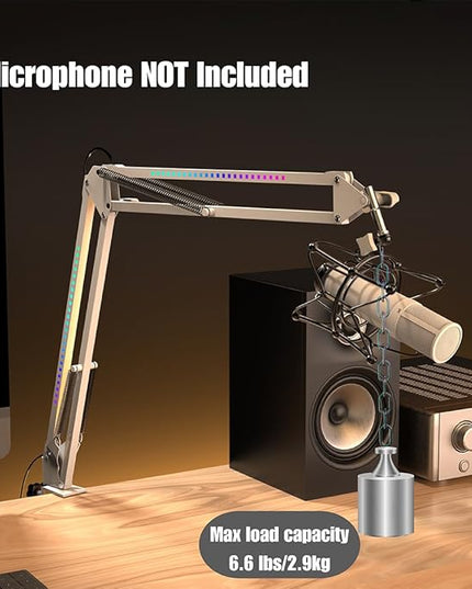 RGB Boom Arm, Adjustable Mic Stand with Desk Mount Clamp and Mic Clip, Compatible with HyperX Quadcast, Blue Yeti, Rode, Shure SM78 for Streaming, Gaming, Youtube Recording （WHITE）