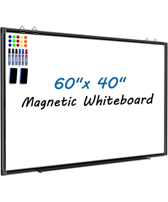 H-Qprobd Large Magnetic White Board Dry Erase Whiteboard with Black Aluminum Frame, 60"X40" Hanging White Boards for Wall with Long Pen Tray, Presentation Board for Office Classroom Home