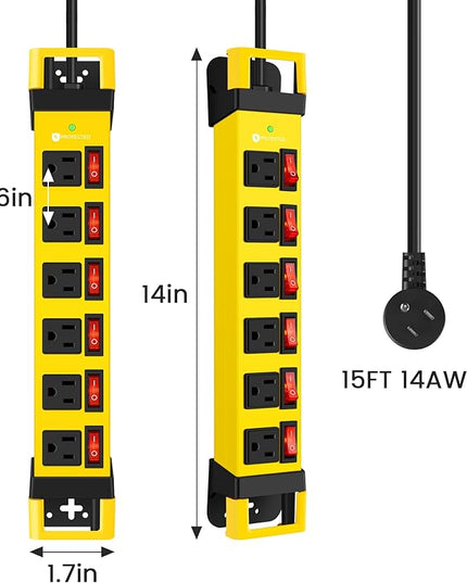 Heavy Duty Power Strip,6 Outlets Metal Power Strip with Individual Switch & Cord Management,Mountable Surge Protector 1200J,15FT Extension Cord(Yellow,15 FT)