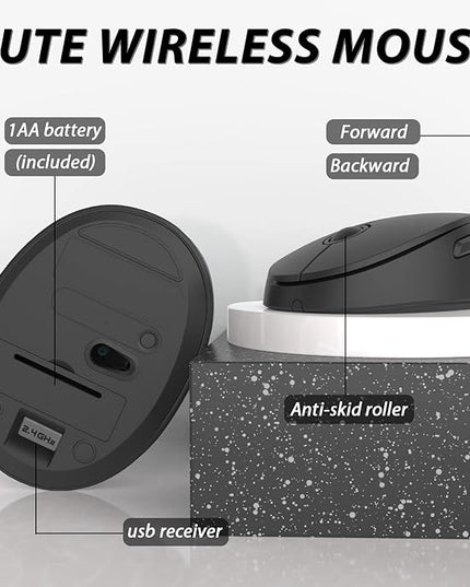 Wireless Keyboard and Mouse Combo, Cute Full Size 104-Key Typewriter Retro Round Keycaps Keyboard for PC Laptop,Windows,Desktop,Perfer for Home and Office Keyboards (Black)