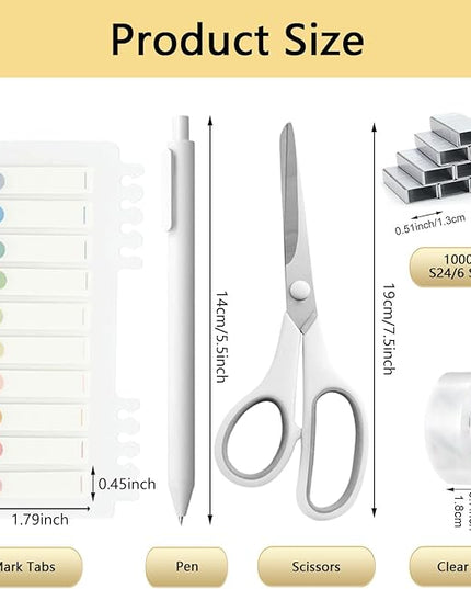 suniya Office Supplies,Desk Accessories,Tape Holder,Stapler,Scissor,Staple Remover,Box of Binder Clips,Staples,Ballpoint Pen,Lndex Tabs,Clear Tape,Office Supplies Set(White)