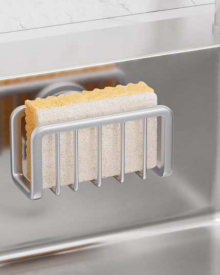 TAILI Sponge Holder for Kitchen Sink with Strong Suction Cup, Rustproof Aluminum Sink Caddy for Sponges, Removable Sponge Holder, Dish Brush for Scraper - Silver