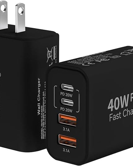 USB C Wall Fast Charger Block, 40W 4-Port Type C Chargers Fast Charging Blocks PD Power Charger Adapter+QC 3.0 USB Multiport Charger Brick for Phone 17/16/15/14/13/12 Pro Max, i-Pad, Galaxy S25-2Pack