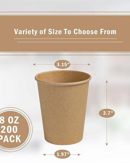 Lamosi 200 Pack 8 oz Kraft Paper Cups, Brown Disposable Paper Coffee Cups, Unbleached Paper Cups for Hot/Cold Beverage Party Home Office