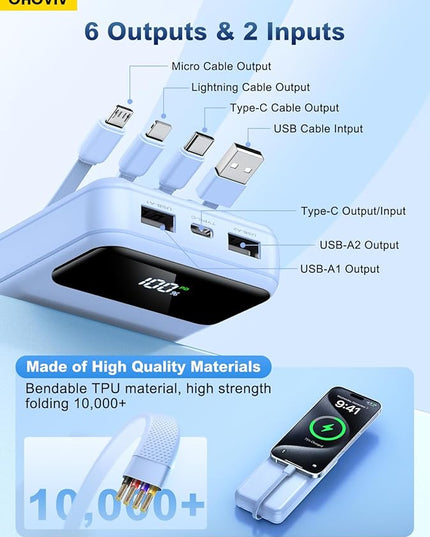 Portable Charger Power Bank 50000mAh Battery Pack, 22.5W Fast Charging PowerBank with Built in Cables,Travel Essential USB-C Portable Phone Charger for iPhone Samsung Pixel Android iPad-Blue