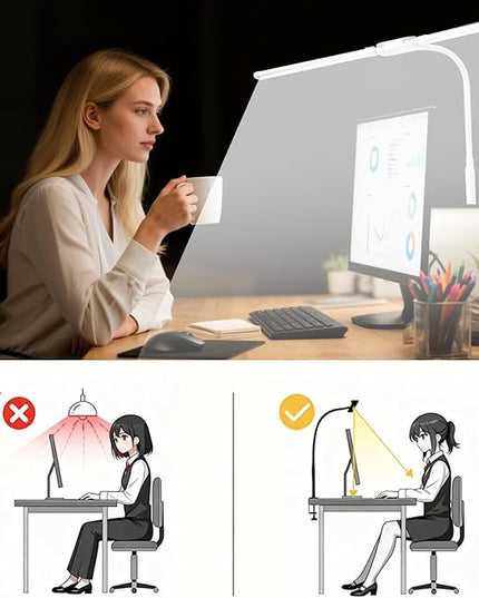 LED Desk Lamp with Clamp, Double Head Adjustable Architect Light, Eye-Caring Monitor Desk Lamp for Home Office, Flexible Gooseneck Task Lamp with 10 Brightness Levels & 5 Color Temperature Modes White