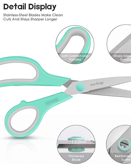 Scissors, iBayam 8" All Purpose Scissors Bulk 3-Pack, Ultra Sharp 2.5mm Thick Blade Shears Comfort-Grip for Office Desk Accessories Sewing Fabric Home Craft Teacher School Supplies, Right/Left Handed