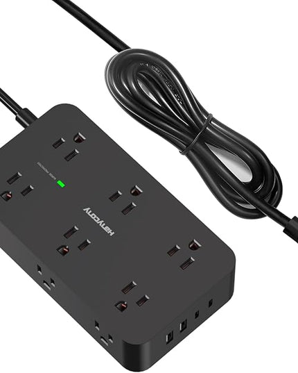 Black Extension Cord 15 Ft, HANYCONY Power Strip with 1080J Surge Protection, 12 Outlets with 4 USB Ports(2 USB C), Wall Mount, Desk Charging Station for Office Home College Dorm Room Essentials