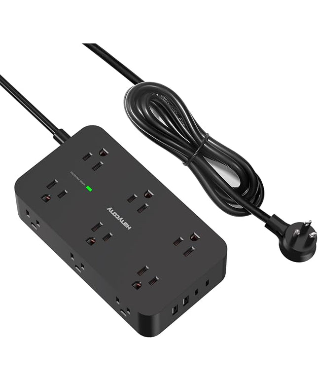 Black Extension Cord 15 Ft, HANYCONY Power Strip with 1080J Surge Protection, 12 Outlets with 4 USB Ports(2 USB C), Wall Mount, Desk Charging Station for Office Home College Dorm Room Essentials