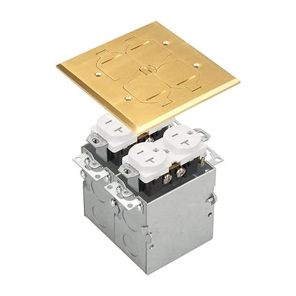 SLFB-2G-TR20-BR 20A Receptacle Outlets, Tamper Resistant Electrical Floor Box with Flip Lid and Brass Cover, Retractable Recessed Socket for Kitchen, Countertops & Floors