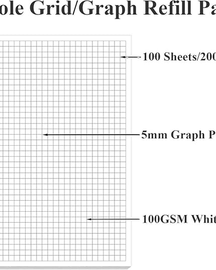 A5 Grid Refill Paper, 7-Hole Graph Paper, 100Sheets / 200Pages Loose-Leaf Grid Paper, 100gsm White Paper, 5.8" x 8.3 "