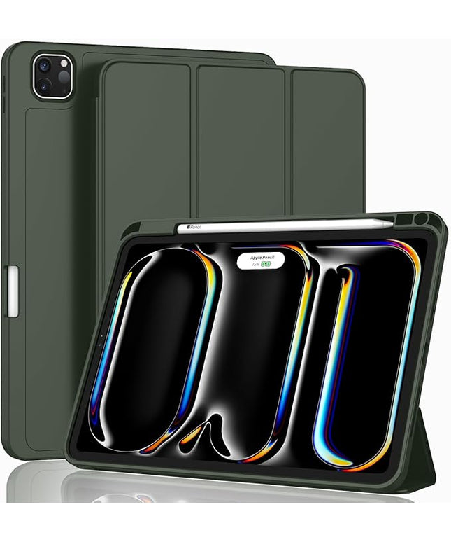 ZryXal iPad Pro 11 Inch Case (M5) 2025/ (M4) 2024 (Model: A2836/A2837/A3006), Trifold Stand Smart Cover with Pencil Holder and Soft TPU Back, Auto Wake/Sleep (Dark Green)