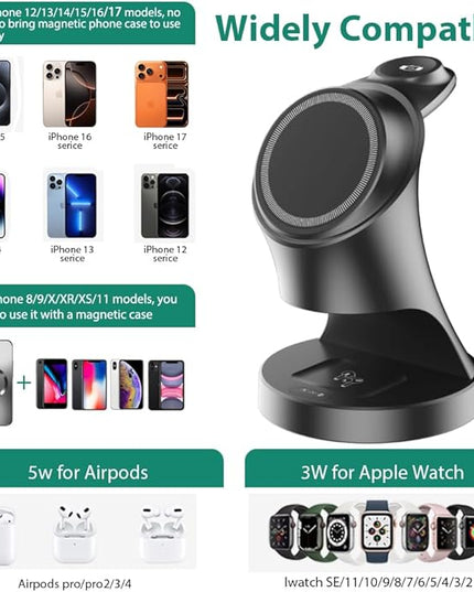 Wireless Charger,3 in 1 Magnetic Wireless Charger Stand, Fast Wireless Charging Dock for iPhone17/16/15/14/13/12 Series, Apple Watch Series, AirPods Pro.
