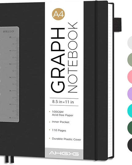 AHGXG Graph Paper Notebook - Spiral Notebook 8.5" x 11", A4 Large Graph Notebook, 100 gsm Thick Grid Paper, Waterproof Plastic Cover Journals for School Writing Engineering Math, Black