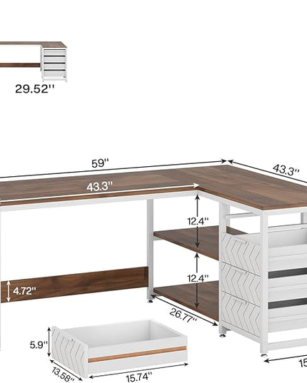 Tribesigns L Shaped Computer Desk with Storage Drawers, 59 inch Corner Desk with Shelves, Reversible L-Shaped Office Desk Study Writing Table Workstation for Home Office, Walnut & White
