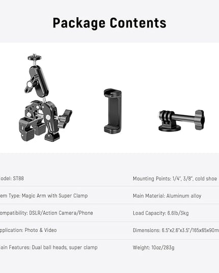 NEEWER Super Clamp with 3" Dual Ballhead Magic Arm, Camera Phone Clamp Mount with 1/4" 3/8" Threads, Cold Shoe, Phone Holder, Action Camera Adapter Compatible with GoPro DJI iPhone 16 15 Pro Max, ST88