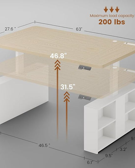 SEDETA 63" Executive Standing Desk with Storage, Executive Height Adjustable Desk with Power Outlets, Large Computer Office Desk with Privacy Panel for Home Office, Natural Oak