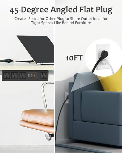 HHSOET Under Desk Power Strip with 3M Adhesive, Removable Under Desktop Mount Plug with Fast Charging USB C and USB A Ports, 4 Outlet Under Table Surge Protector 1200J, 10FT Extension Cord. (Black)