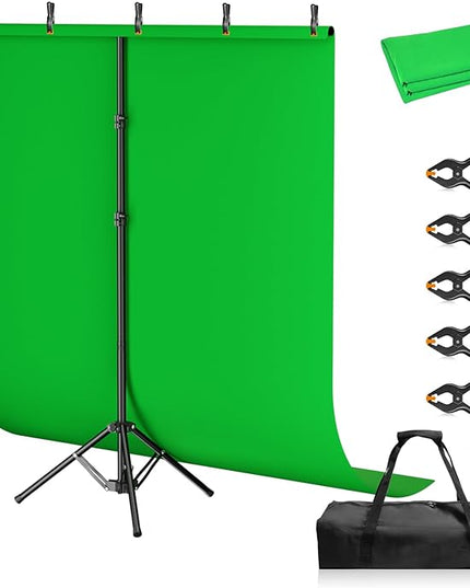 Green Screen Backdrop Kit, 5×7ft Portable Greenscreen Background with Adjustable T-Shaped Stand, 5 Clamps, Carrying Bag for Parties, Streaming, Photography, Zoom, Gaming, Video Studio
