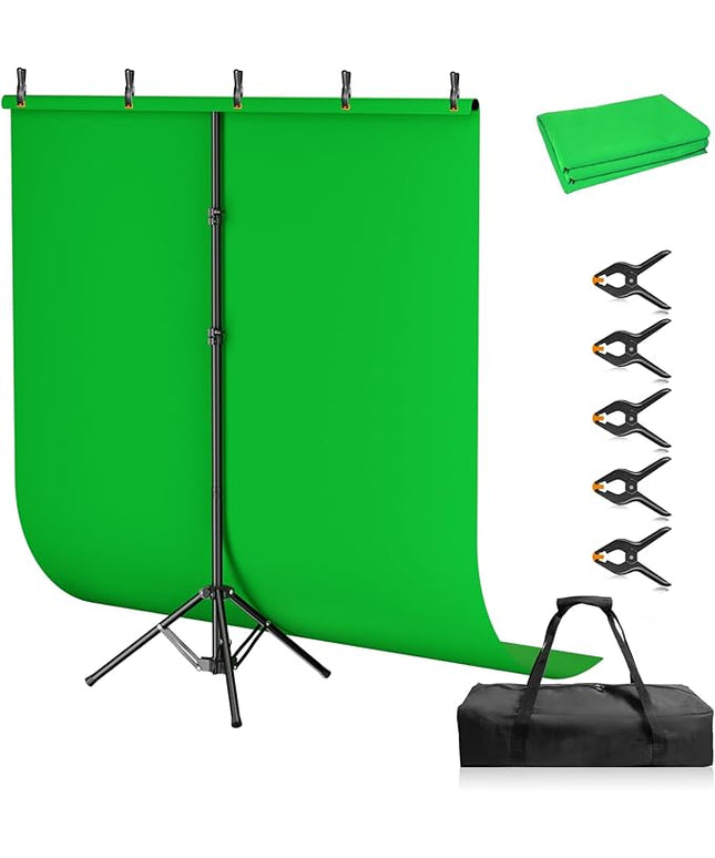 Green Screen Backdrop Kit, 5×7ft Portable Greenscreen Background with Adjustable T-Shaped Stand, 5 Clamps, Carrying Bag for Parties, Streaming, Photography, Zoom, Gaming, Video Studio
