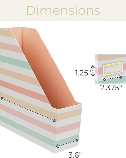 BLU MONACO Set of 4 Foldable Magazine Holders in Pastel Stripes | Cardboard Vertical File Organizer Boxes with Gold Label Holders | Stylish Paper Organizer for Desk, Office & Classroom