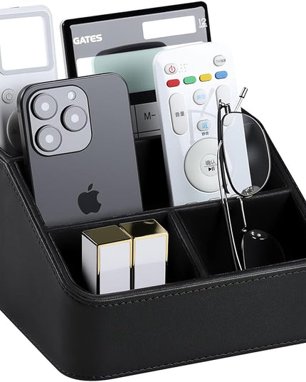 MEIBOOCH Remote Control Holder, PU Leather Small Desk Organizer with 4 Compartments, Nightstand Organizer Desk Caddy for Remote, Notepad, Phone, Glasses, and Accessories (Black)
