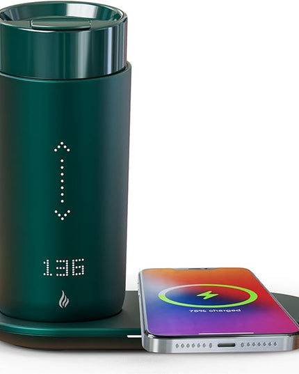 LEGARDLILIU Temperature Control Heated Coffee Mug Smart Self Heating Travel Mug 12 Oz App Controlled Warmer Mug 4-10 Hour LED Display Keep Coffee Hot Fast Wireless Charger Base Jade Green