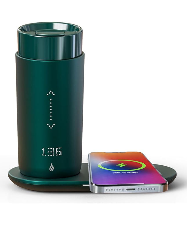 LEGARDLILIU Temperature Control Heated Coffee Mug Smart Self Heating Travel Mug 12 Oz App Controlled Warmer Mug 4-10 Hour LED Display Keep Coffee Hot Fast Wireless Charger Base Jade Green
