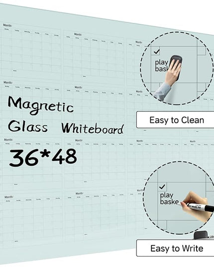 Magnetic Glass Dry Erase Board Calendar- White Board 48 x 36 Inch Wall Mounted Yearly Whiteboard, Large Frameless Glass White Board for Wall Office, Home & School