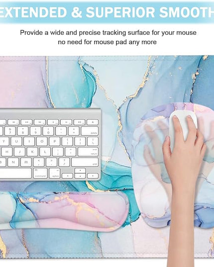Keyboard Wrist Rest Large Mouse Pad Wrist Support for Computer, 4 in 1 Memory Foam Keyboard Pad Desk Mat Ergonomic Hand Rest Wrist Cushion for Home Office Gaming - Blue Marble