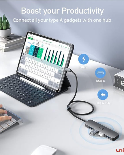 uni USB C to USB Hub 4 Ports 2ft, Sturdy Braided USB Type C to USB Adapter with 4 USB 3.0 Ports, Thunderbolt 3 to Multiport USB 3.0 Hub Adapter for MacBook Pro/Air 2020/2019, iPad Pro