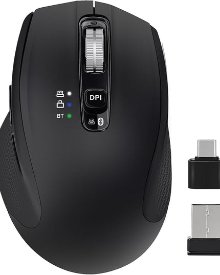 Wireless Mouse with Bluetooth, USB-A, USB-C Receiver, Rechargeable, Full-Size Mouse, Silent, Ergonomic, for MacBook/Laptop/Computer/PC/iPad-Black